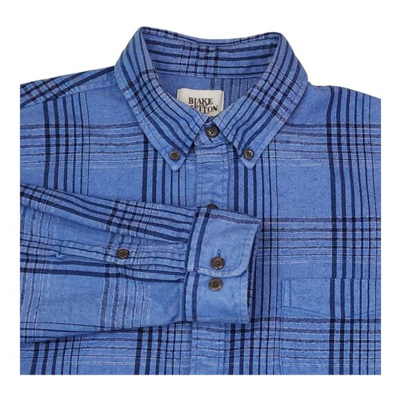 Blake Shelton Lands End Flannel Button-Down Shirt Mens Blue Plaid Cotton Size L - Picture 7 of 7